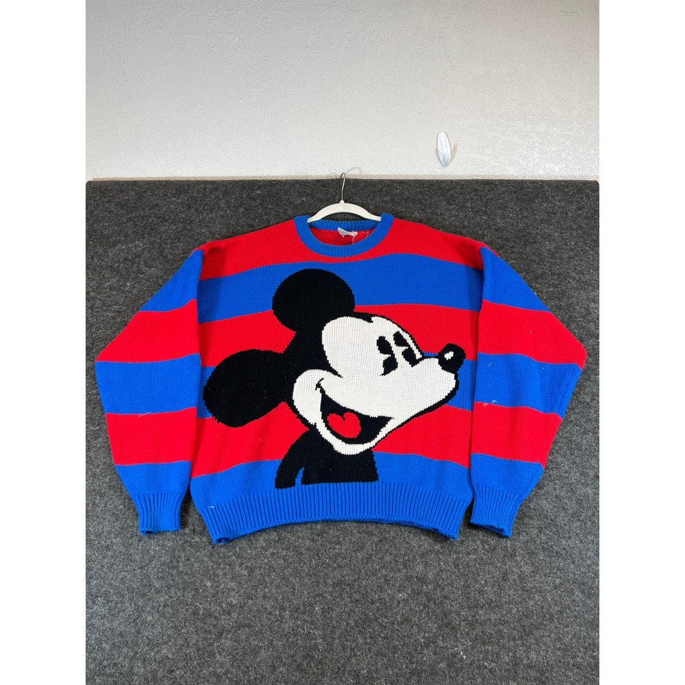 Vintage 90s Disney Mickey Mouse Knit Sweater Striped Mens XL Red Blue Boxy Fit